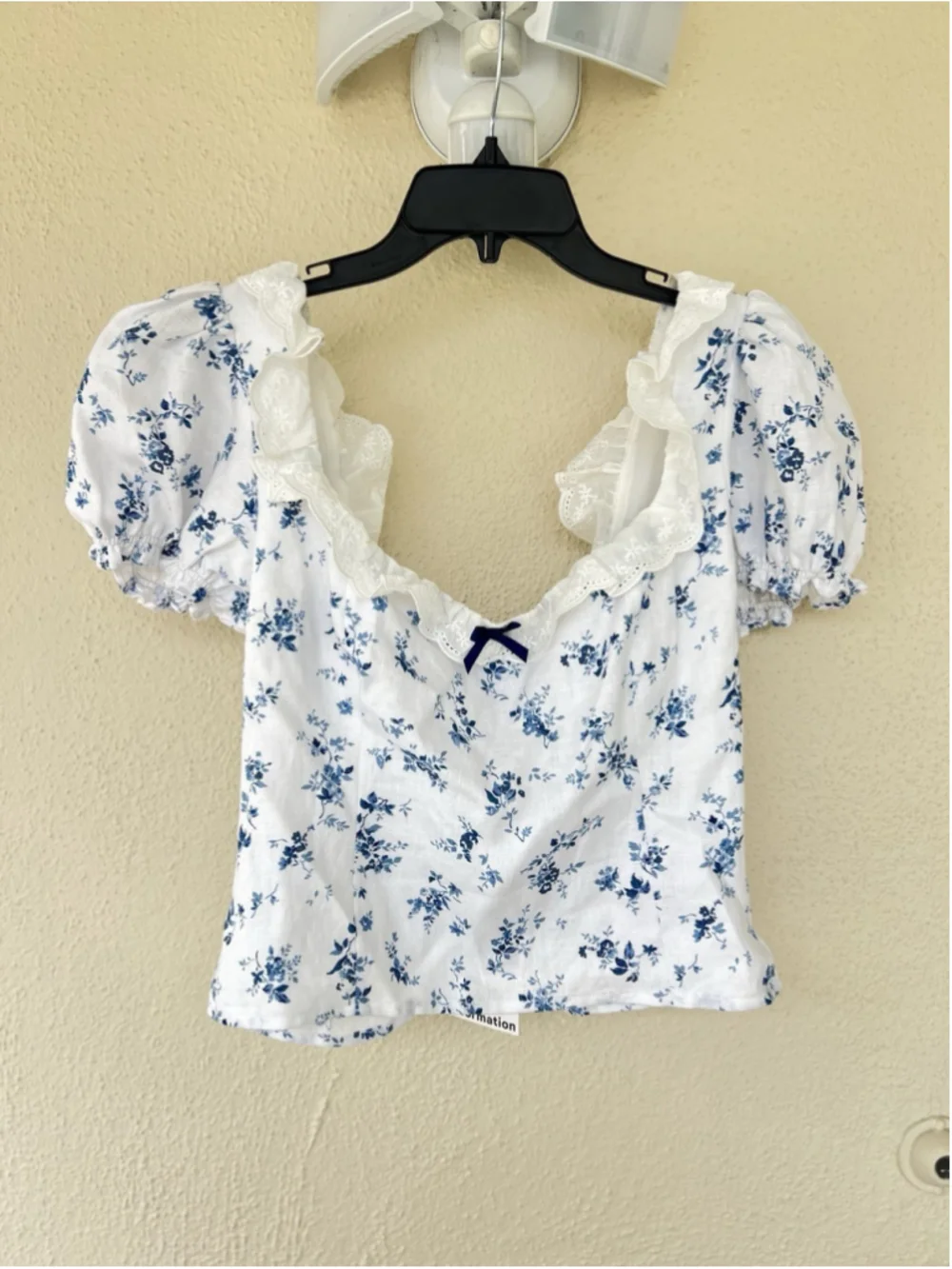 Reformation Alice Floral Puff Sleeve Bow Linen Top Blue Size 12 Coquette Cottage